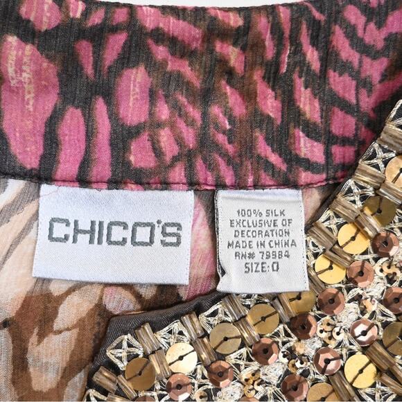 Chico's Womens Small Chico's 0 Embellished Animal-Print Silk Tunic - Picture 11 of 12